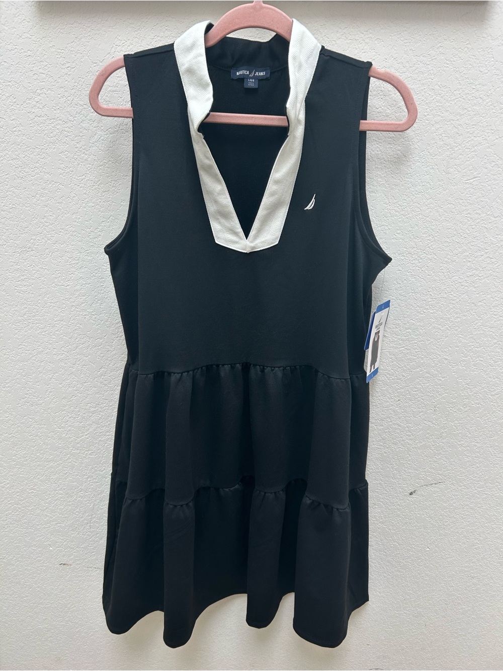 Nautica Black Sleeveless Tiered Dress w White V-Neck Preppy Tennis NWT Large